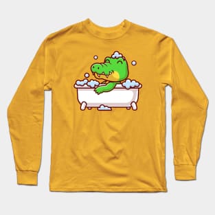 Cute Crocodile Bathing In Bathtub Cartoon Long Sleeve T-Shirt